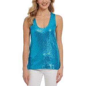 DKNY Sequin Tank Top Sleeveless Scoop Neck Blue Womens Size X Small
